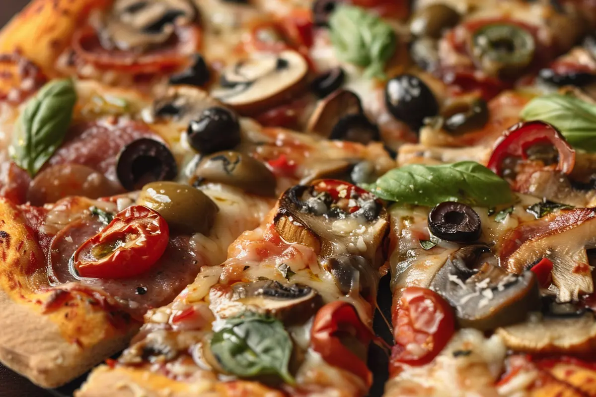 pizza quattro formaggi green olives and mushrooms