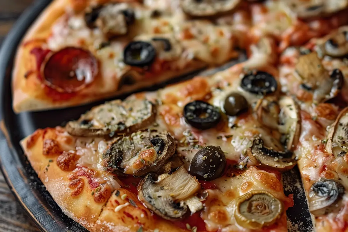 pizza quattro formaggi green olives and mushrooms